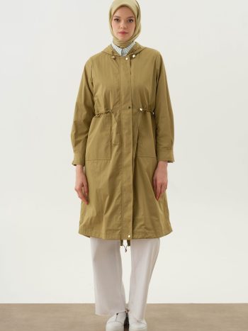 Hooded Elastic Detail Coat - Olive