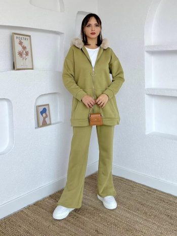 Feather Hooded Suit in Olive Green