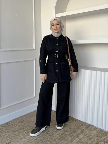 Belted Denim Set in Black