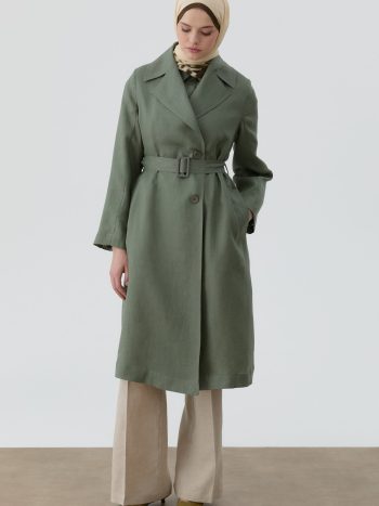 Belted Linen Trench Coat - Khaki