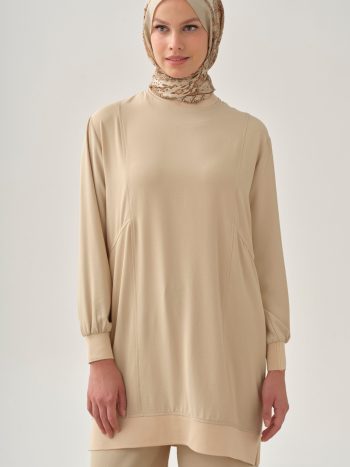 Ribbed Tunic with Cut Detail - Beige