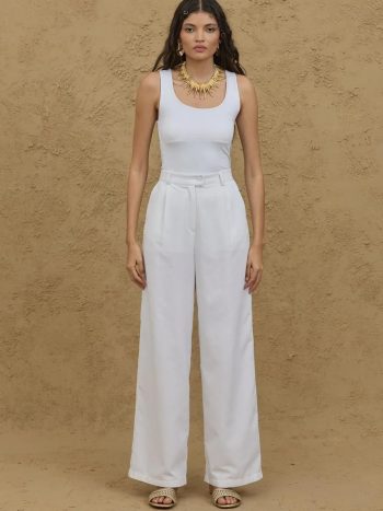 Ketenli Palazzo Pantolon Beyaz
