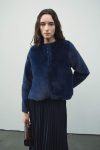 Short Button Navy Blue Plush Jacket