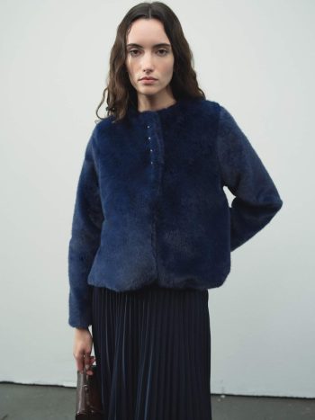 Short Button Navy Blue Plush Jacket