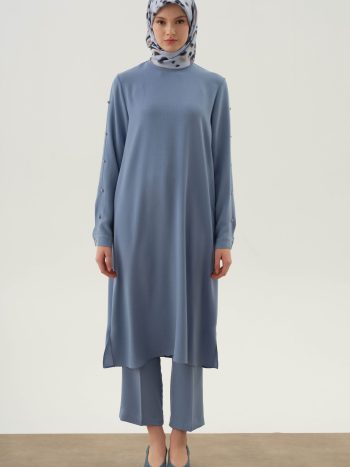 Light Blue Pleated Button Detail Tunic