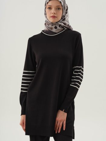 Striped Sleeve Knit Tunic - Black