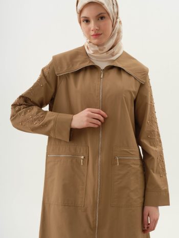 Embroidered and Pearl-Detailed Trench Coat - Camel