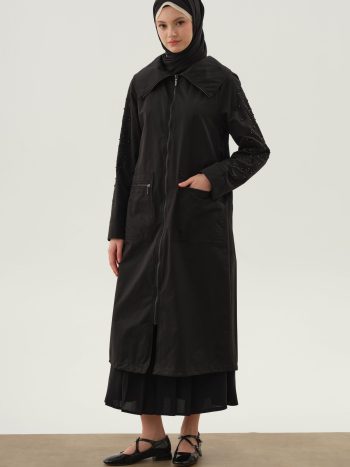 Embroidered and Pearl-Detailed Trench Coat - Black