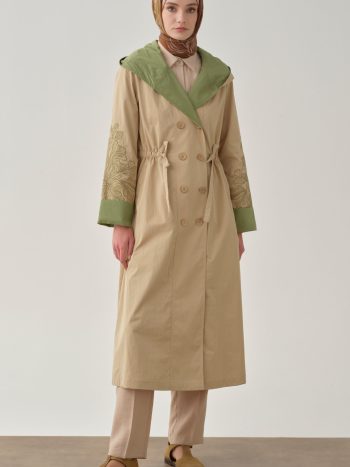 Embroidered Sleeve Trench Coat - Beige
