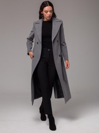 Grey Mid-Length Belted Crossover Coat 3754