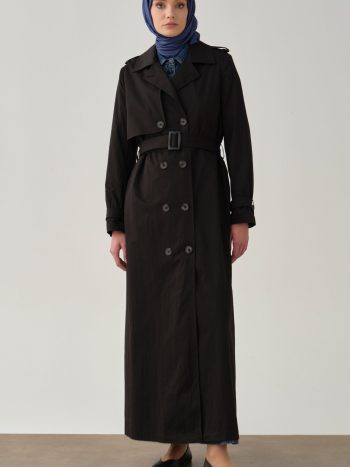 Crossover Sleeve Belted Overcoat - Black