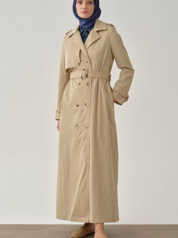 Crossover Sleeve Belted Overcoat - Stone