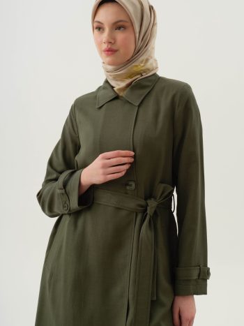 Crossover Polo Collar Trench Coat - Khaki