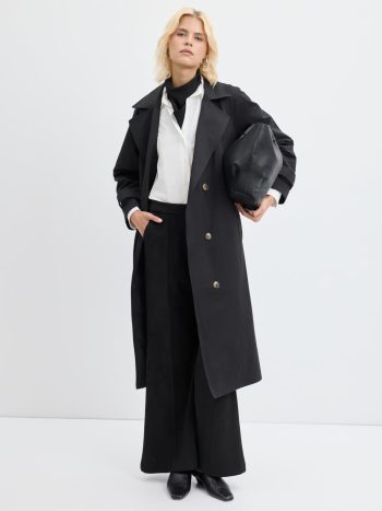 معطف ترنش طويل بصفين من الأزرار باللون الأسود