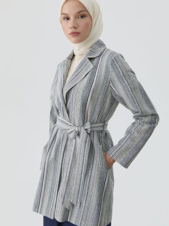 Striped Belted Blazer Jacket - Indigo