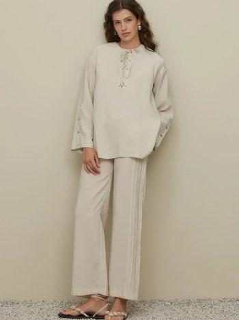 Eyelet Detail Pant Suit in Stone