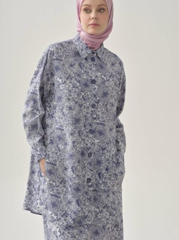 Multi Floral Pattern Applique Pocket Tunic - Indigo
