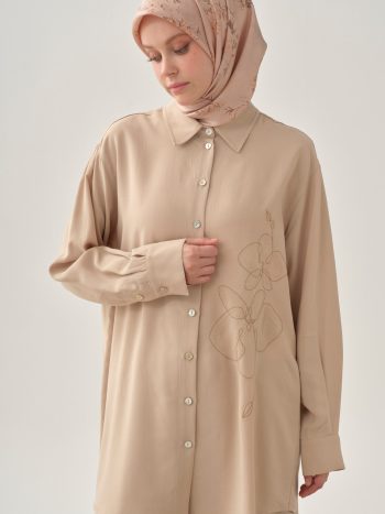 Embroidered Drop Sleeve Shirt - Beige