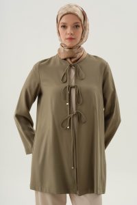 كيمونو بتفاصيل ربطة أمامية - لون خاكي