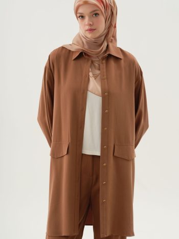 Knitted Blouse Long Tunic Set - Coffee