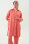 Knitted Blouse Long Tunic Set - Coral
