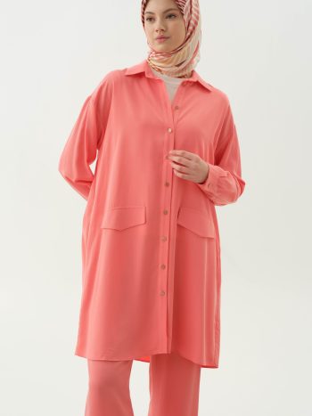 Knitted Blouse Long Tunic Set - Coral