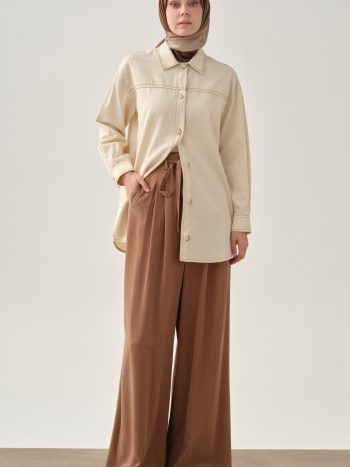 Pileli Kemerli Pantolon - Kahve