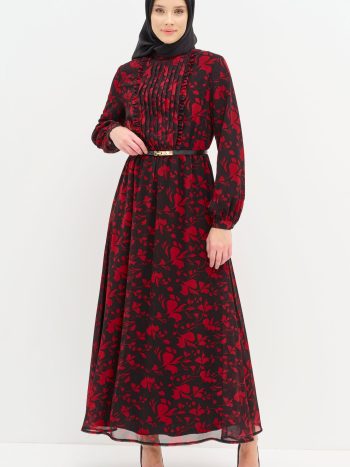 Pleated and Ruffle Detailed Patterned Dress - Red