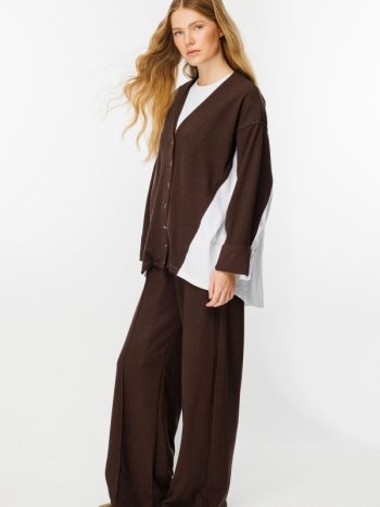 Poplin Knit Cardigan Detail Coffee Pants Set