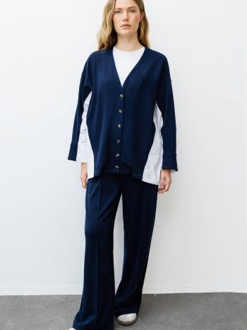 Poplin Knit Cardigan Detailed Navy Blue Pants Set