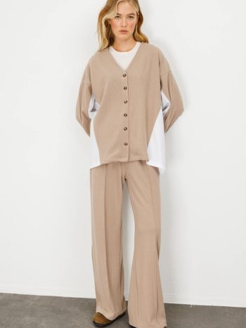 Poplin Knit Cardigan Detailed Mink Pants Set