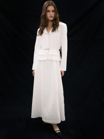 Premium Gold Belt Detailed White Jacket Dress