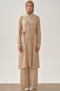 Wide Leg Pants with Shawl Pattern - Beige