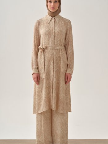 Wide Leg Pants with Shawl Pattern - Beige