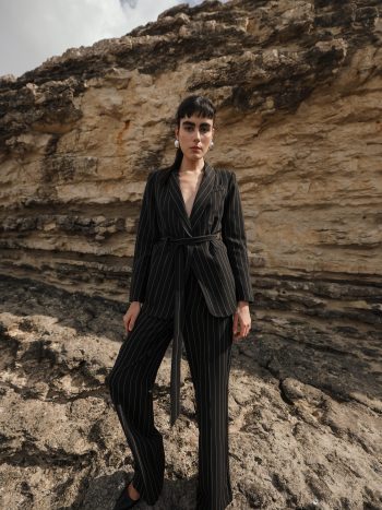 Şal Yaka Çizgili Ceket ve Pantolon Takımı SİYAH 9259-TK