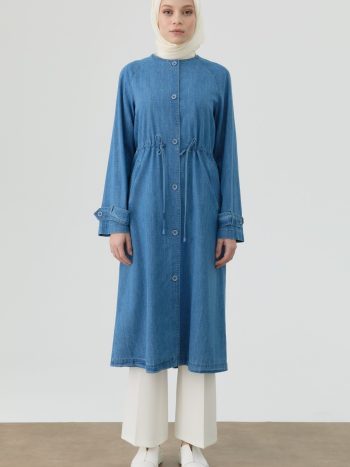 Drawstring Waist Denim Jacket - Light Blue