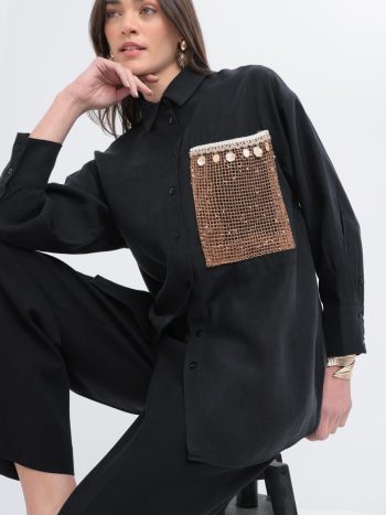 Black Mesh-Trimmed Shirt Tunic