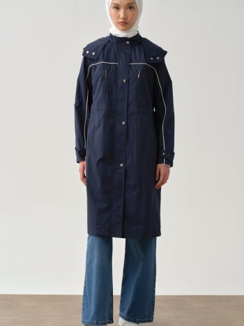T-Sleeve Garni Piping Hooded Trench Coat - Indigo