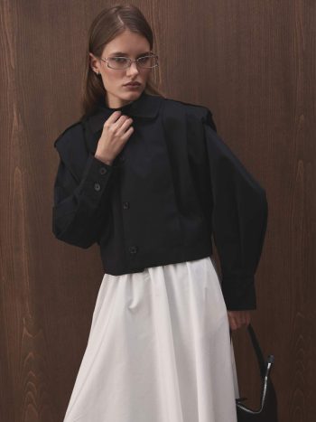 Shoulder-Padded Gabardine Short Black Jacket