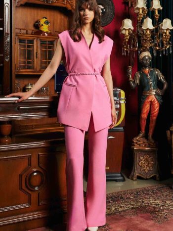 Knitted Belt Pink Pantsuit Set