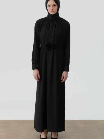 Elastic Neck and Cuff Detailed Dress - Black