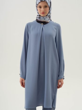 Pleated Neck and Sleeves Tunic with Brooch Detail - Light Blue