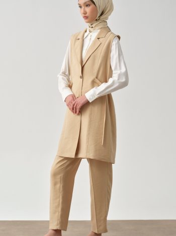 Yandan Metal Toka Kemerli Yelek - Bej