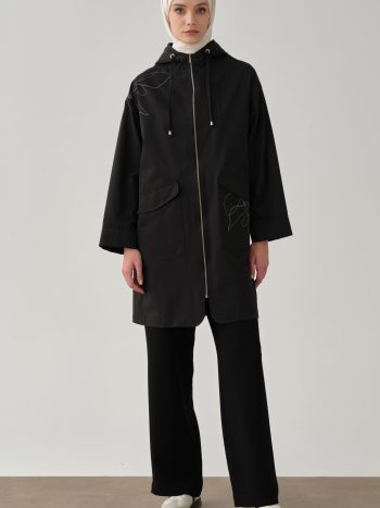 Leaf Pattern Printed Raincoat - Black