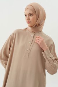 Yarım Patlı Asimetrik Tunik - Bej