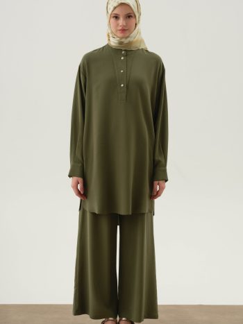 Half Placket Asymmetric Tunic - Khaki