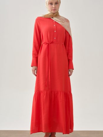 Half-Placket Gathered Skirt Dress - Coral