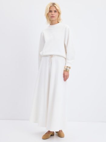 Yüksek Bel Bağcıklı Geniş Form Kloş Etek Ekru