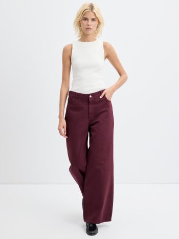 High Waist Wide Leg Gabardine Trousers in Burgundy