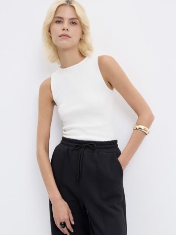 Round Neck Sleeveless Knit Bodysuit in Ecru